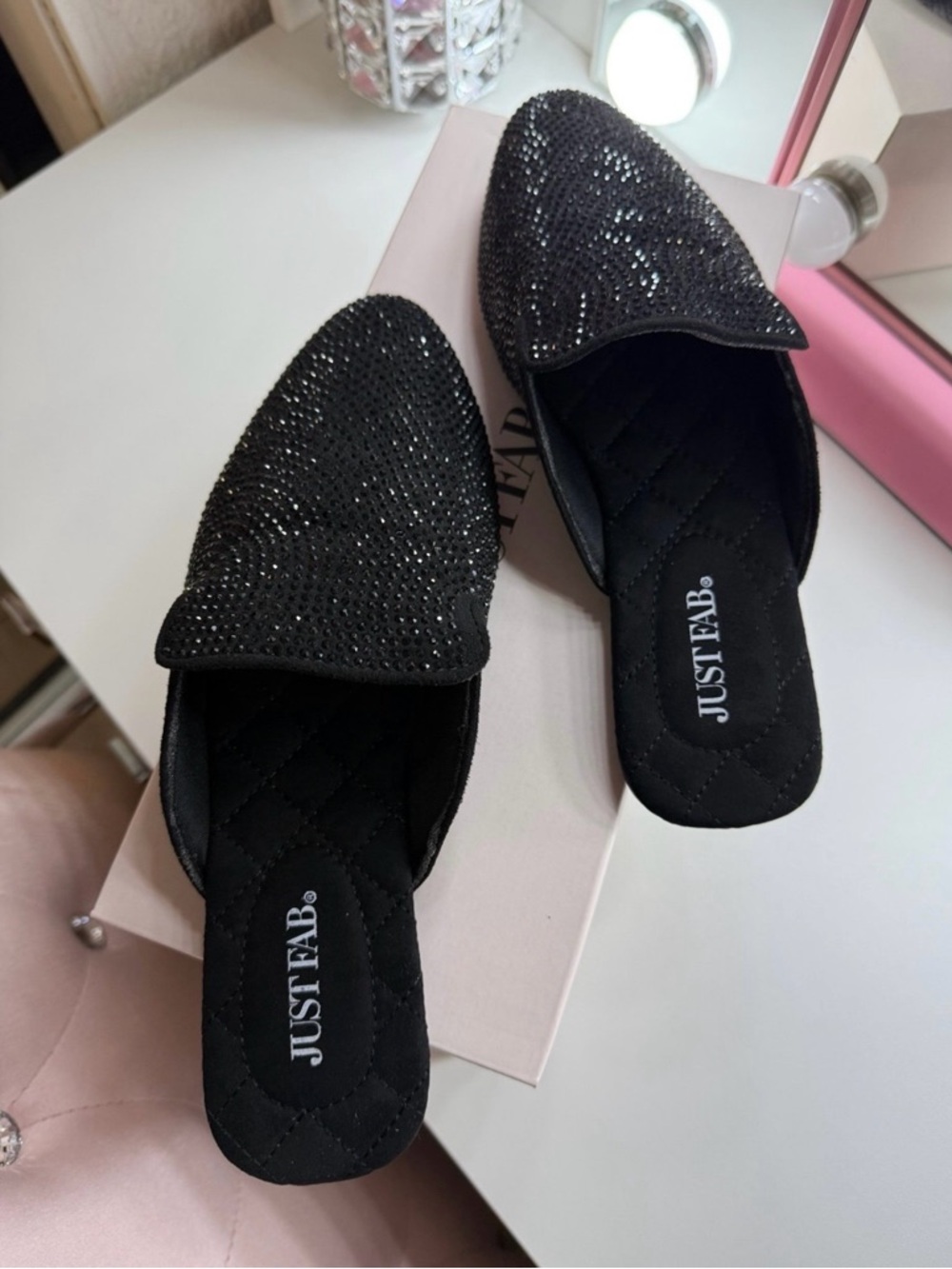 JustFab Black Rhinestone Pointed Toe Mules - Picture 2 of 3